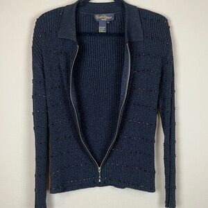 Christine Phillipe L’Image Black Shimmer Beaded Ribbed Zip Up Cardigan; Size XL